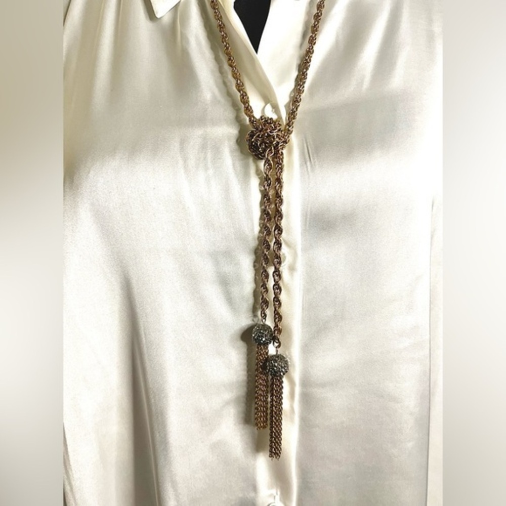Albertina knotted rope/tassel w/crystal ball necklace,antique gold tone⛓️‍💥